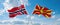 two crossed flags Macedonia and Norway waving in wind at cloudy sky. Concept of relationship, dialog, travelling between two