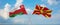 two crossed flags Macedonia and Oman waving in wind at cloudy sky. Concept of relationship, dialog, travelling between two