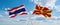 two crossed flags Macedonia and Thailand waving in wind at cloudy sky. Concept of relationship, dialog, travelling between two