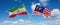 two crossed flags Malaysia and Iran waving in wind at cloudy sky. Concept of relationship, dialog, travelling between two