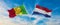 two crossed flags Mali and Netherland waving in wind at cloudy sky. Concept of relationship, dialog, travelling between two