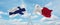 two crossed flags Malta and finland waving in wind at cloudy sky. Concept of relationship, dialog, travelling between two