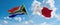 two crossed flags Malta and South Africa waving in wind at cloudy sky. Concept of relationship, dialog, travelling between two