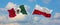 two crossed flags Mexico and Poland waving in wind at cloudy sky. Concept of relationship, dialog, travelling between two