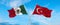 two crossed flags Mexico and Turkey waving in wind at cloudy sky. Concept of relationship, dialog, travelling between two