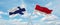 two crossed flags Monaco and finland waving in wind at cloudy sky. Concept of relationship, dialog, travelling between two