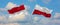 two crossed flags Monaco and Poland waving in wind at cloudy sky. Concept of relationship, dialog, travelling between two