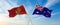 two crossed flags Montenegro and Australia waving in wind at cloudy sky. Concept of relationship, dialog, travelling between two