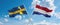 two crossed flags netherlands and Sweden waving in wind at cloudy sky. Concept of relationship, dialog, travelling between two