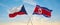 two crossed flags North Korea and Czech republic waving in wind at cloudy sky. Concept of relationship, dialog, travelling