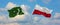 two crossed flags Pakistan and Poland waving in wind at cloudy sky. Concept of relationship, dialog, travelling between two