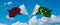 two crossed flags Pakistan and Qatar waving in wind at cloudy sky. Concept of relationship, dialog, travelling between two