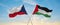 two crossed flags Palestine and Czech republic waving in wind at cloudy sky. Concept of relationship, dialog, travelling between