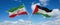 two crossed flags Palestine and Iran waving in wind at cloudy sky. Concept of relationship, dialog, travelling between two