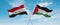 two crossed flags Palestine and Iraq waving in wind at cloudy sky. Concept of relationship, dialog, travelling between two
