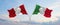 two crossed flags Peru and Italy waving in wind at cloudy sky. Concept of relationship, dialog, travelling between two countries