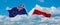 two crossed flags poland and New Zealand waving in wind at cloudy sky. Concept of relationship, dialog, travelling between two