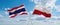 two crossed flags poland and Thailand waving in wind at cloudy sky. Concept of relationship, dialog, travelling between two