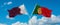 two crossed flags portugal and Qatar waving in wind at cloudy sky. Concept of relationship, dialog, travelling between two