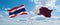 two crossed flags Qatar and Thailand waving in wind at cloudy sky. Concept of relationship, dialog, travelling between two