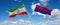 two crossed flags Republic Srpska and Iran waving in wind at cloudy sky. Concept of relationship, dialog, travelling between two
