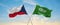 two crossed flags Saudi Arabia and Czech republic waving in wind at cloudy sky. Concept of relationship, dialog, travelling