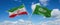 two crossed flags Saudi Arabia and Iran waving in wind at cloudy sky. Concept of relationship, dialog, travelling between two