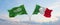 two crossed flags Saudi Arabia and Italy waving in wind at cloudy sky. Concept of relationship, dialog, travelling between two