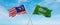 two crossed flags Saudi Arabia and Malaysia waving in wind at cloudy sky. Concept of relationship, dialog, travelling between two