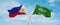 two crossed flags Saudi Arabia and Philippines waving in wind at cloudy sky. Concept of relationship, dialog, travelling between