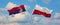 two crossed flags Serbia and Poland waving in wind at cloudy sky. Concept of relationship, dialog, travelling between two