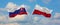 two crossed flags Slovakia and Poland waving in wind at cloudy sky. Concept of relationship, dialog, travelling between two