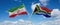 two crossed flags South Africa and Iran waving in wind at cloudy sky. Concept of relationship, dialog, travelling between two