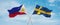 two crossed flags SWEDEN and Philippines waving in wind at cloudy sky. Concept of relationship, dialog, travelling between two