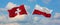 two crossed flags switzerland and Poland waving in wind at cloudy sky. Concept of relationship, dialog, travelling between two