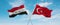 two crossed flags Turkey and Iraq waving in wind at cloudy sky. Concept of relationship, dialog, travelling between two countries