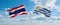 two crossed flags Uruguay and Thailand waving in wind at cloudy sky. Concept of relationship, dialog, travelling between two