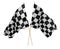 Two crossed pair of waving black white chequered flag with wooden stick motorsport sport racing concept isolated background