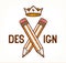 Two crossed pencils with wings and crown, vector simple trendy logo or icon for designer or studio, creative king, royal design,