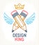 Two crossed pencils with wings and crown, vector simple trendy logo or icon for designer or studio, creative king, royal design,