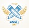 Two crossed pencils with wings and nimbus, vector simple trendy logo or icon for designer or studio, creative spirit, angel design