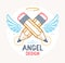 Two crossed pencils with wings and nimbus, vector simple trendy logo or icon for designer or studio, creative spirit, angel design