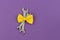 Two crossed wrenches with yellow tie bow on violet background