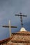 Two crosses silhouetted against the sky at the Mission San Antonio de Padua, Jolon CA.