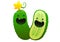 Two cucumber cartoon character bright juicy on a white background