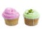 Two cupcakes pink and green