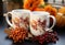 Two cups of coffee with autumn leaves and rowan berry