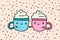 Two cups of coffee hot holding hand couple in love, pink blue with cream