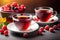 Two cups of delicious red tea with fresh berries placed on a rustic wooden table in a cozy setting