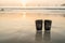 Two cups of disposable black paper stand on the sand by the sea during sunset